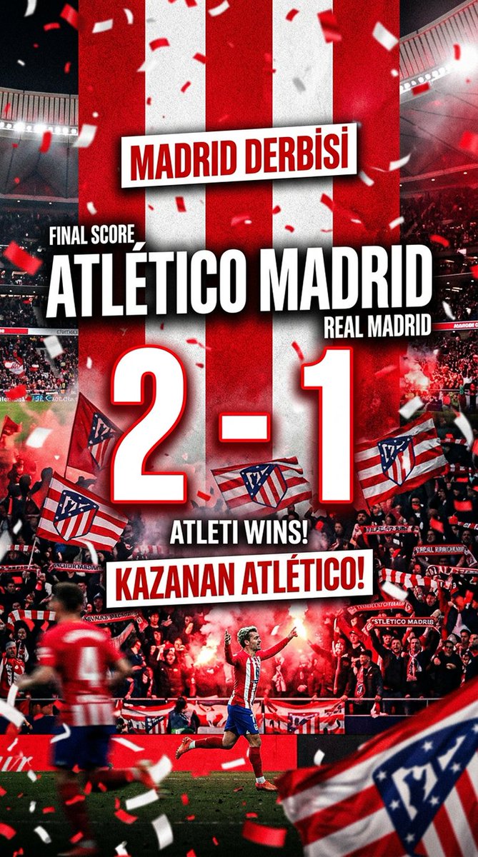macinsifresi58's tweet photo. 🏟️ Madrid derbisinde kazanan Atlético! 🔴⚪️

Atlético Madrid, Real Madrid’i 2-1 mağlup ederek sahadan galibiyetle ayrıldı. Mücadele, tempo ve heyecan son düdüğe kadar sürdü! 🔥

#AtleticoMadrid #RealMadrid #MadridDerbisi #LaLiga https://t.co/CHoqeoPIH2