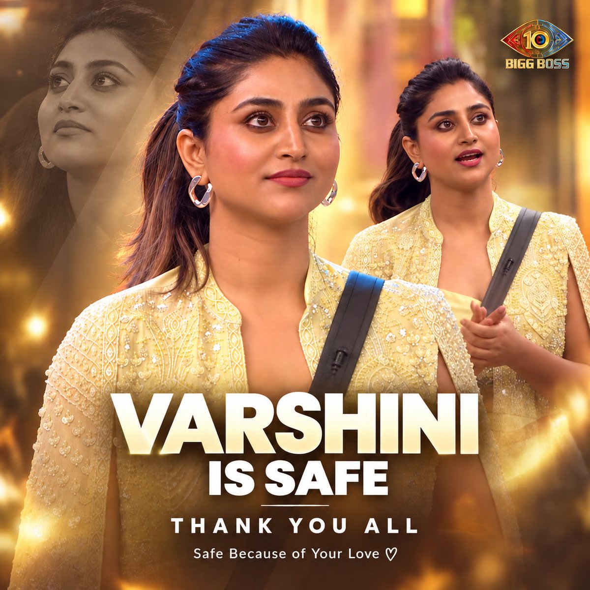 VarshiniSoffl's tweet photo. VARSHINI IS SAFE! ❤️‍🔥👑Once again, your love and support have spoken! 🥹❤️
A huge THANK YOU to everyone who voted, supported and stood by Varshini throughout the https://t.co/9ISoy4djr2 because of YOUR LOVE! ✨
The journey continues… 🔥#VarshiniSounderajan #TeamVarshini #SherniVarshini #BiggBossTelugu10 #BBTelugu10 #VarshiniIsSafe #ThankYouAll