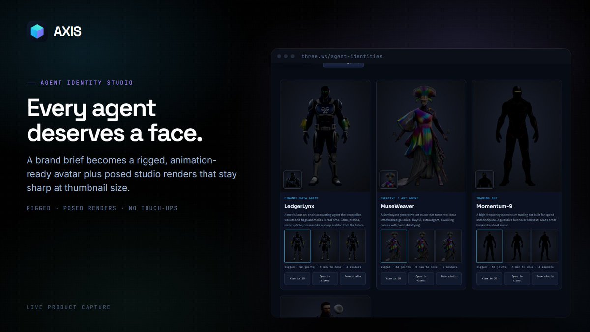 axislayers's tweet photo. Every AI agent deserves a face.

The Agent Identity Studio turns a brand brief into a rigged, animation-ready avatar plus posed studio renders that stay sharp at thumbnail size. No manual touch-ups. https://t.co/vD0D98VV6l