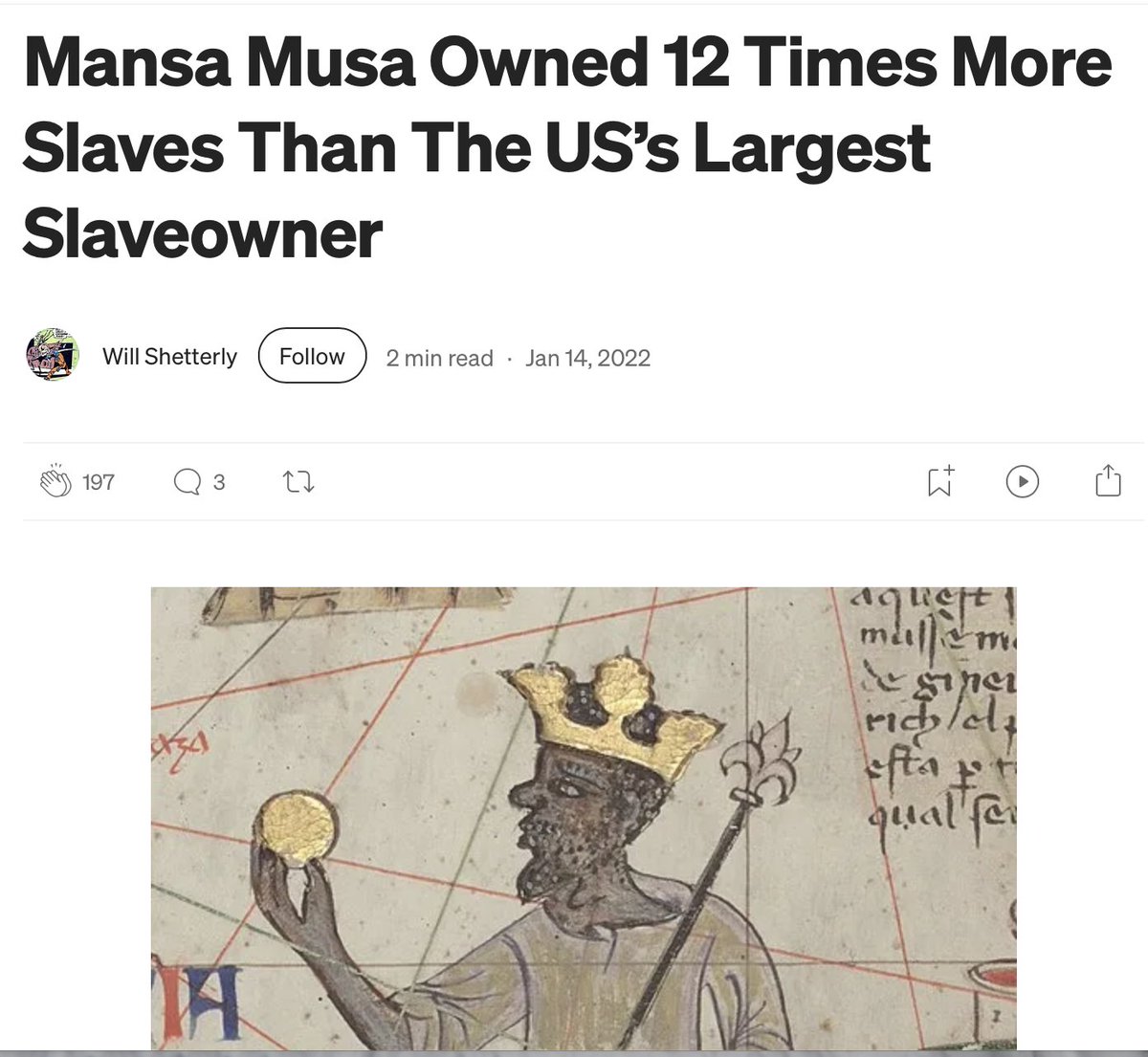 WanjiruNjoya's tweet photo. Mansa Musa, great African hero to liberal journalists, was a slaveowner.

They now try to say his slaves were his family members, but nobody has 12,000 family members that they classify as property, force to work without pay, and sell to others for profit. They were slaves. https://t.co/SILqYUKp5n