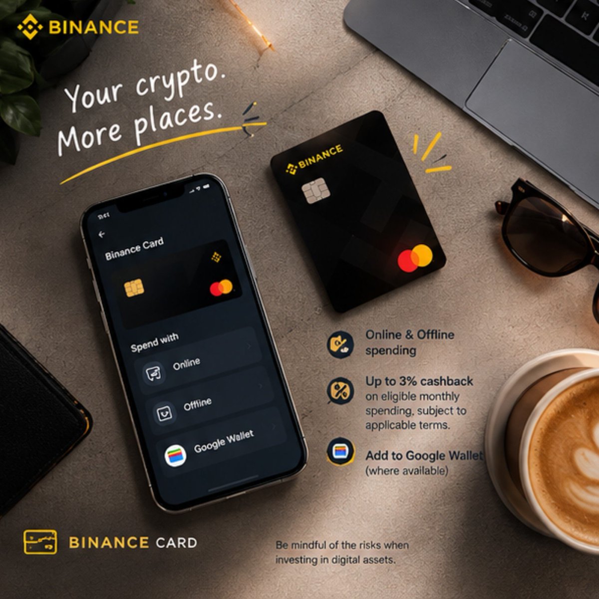BTC__Benny's tweet photo. Crypto isn’t just for holding
Binance Card - eligible users spend eligible crypto online & offline, with Google Wallet where available.
Up to 3% cashback on eligible monthly spending
Hold → Spend → Real utility
#Binance #LearnWithBinance #BinanceAcademy https://t.co/ahDvUXSXjG