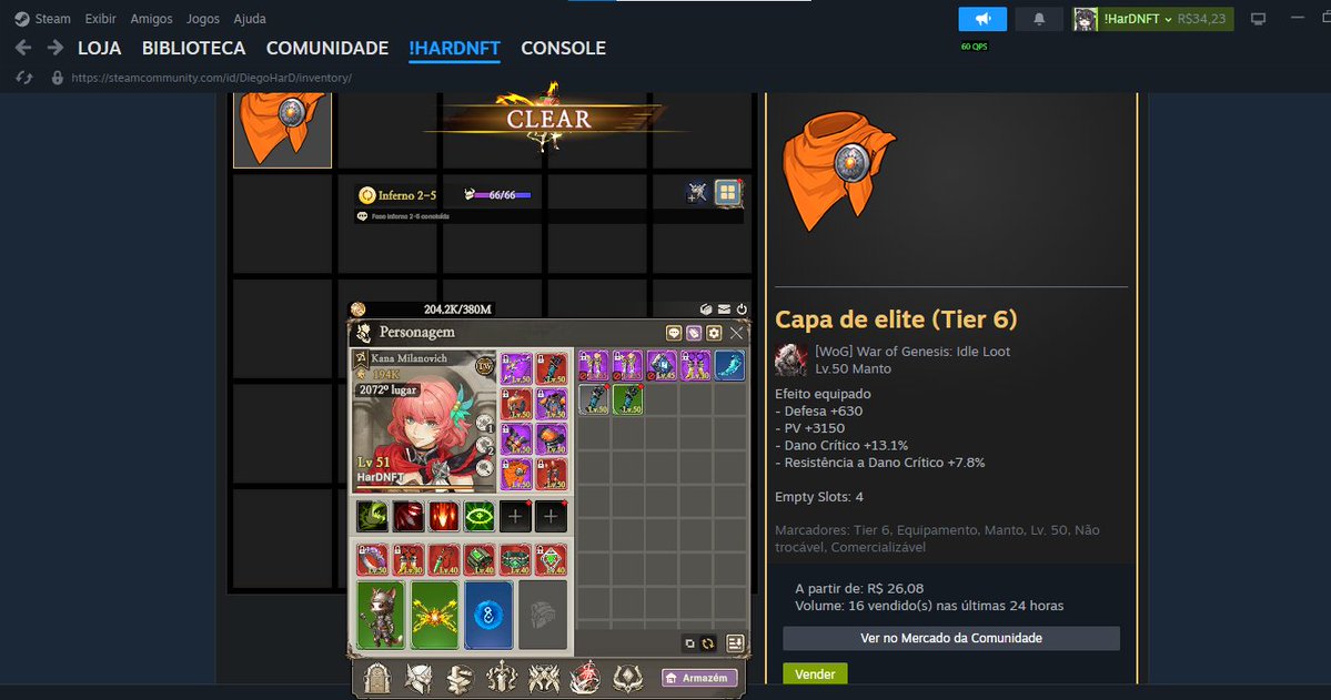 HarDNFTverse's tweet photo. O DOMINGO ESTÁ INSANO NO WAR OF GENESIS: IDLE LOOT!

Acabei de criar uma Capa de Elite (Tier 6) que está valendo cerca de R$26 no Mercado da Steam!

E o farm NÃO PARA!

Enquanto o personagem continua evoluindo e buscando equipamentos melhores, a gente também fica de olho nos itens que podem ter valor no mercado. É aquele famoso:

farm no jogo + farm na Steam!

E vocês?

Qual foi o item mais valioso que já dropou ou criou no [WoG] War of Genesis: Idle Loot?

#WarOfGenesis #IdleLoot #Steam #IdleGame #Gaming #SteamMarket