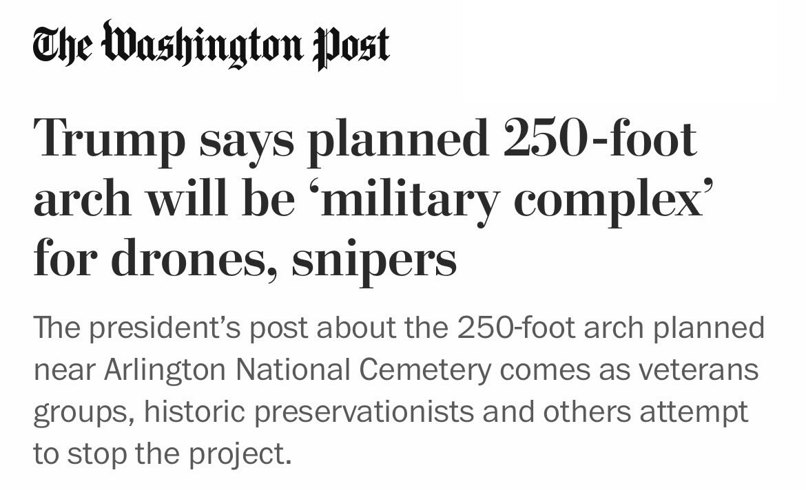 ddiamond's tweet photo. I’ve covered Trump’s arch for nearly a year. I’ve watched officials reveal their plans to federal commissions and tracked them in court.

Nobody, until today, made any suggestion it would be a “military complex.”

But Trump has used a similar strategy to defend his ballroom. https://t.co/85PVTBjEkb