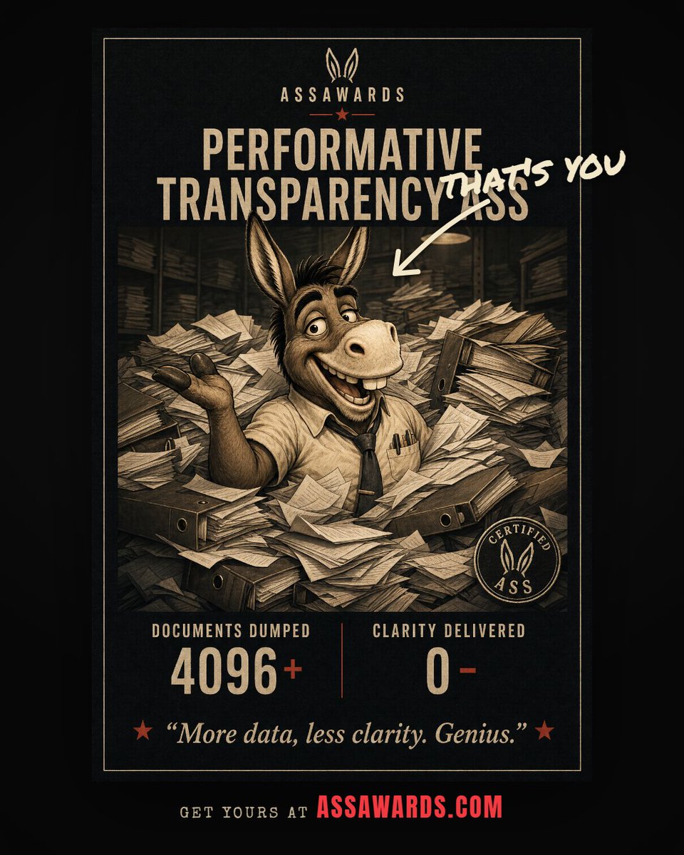 asssawards's tweet photo. The one who buries you in updates so you understand less.
Opened the books so publicly nobody felt rude enough to check page nine.
Send this to the one who shares everything and explains nothing.
#assawards #performativetransparencyass https://t.co/4Rs1KMTmTm