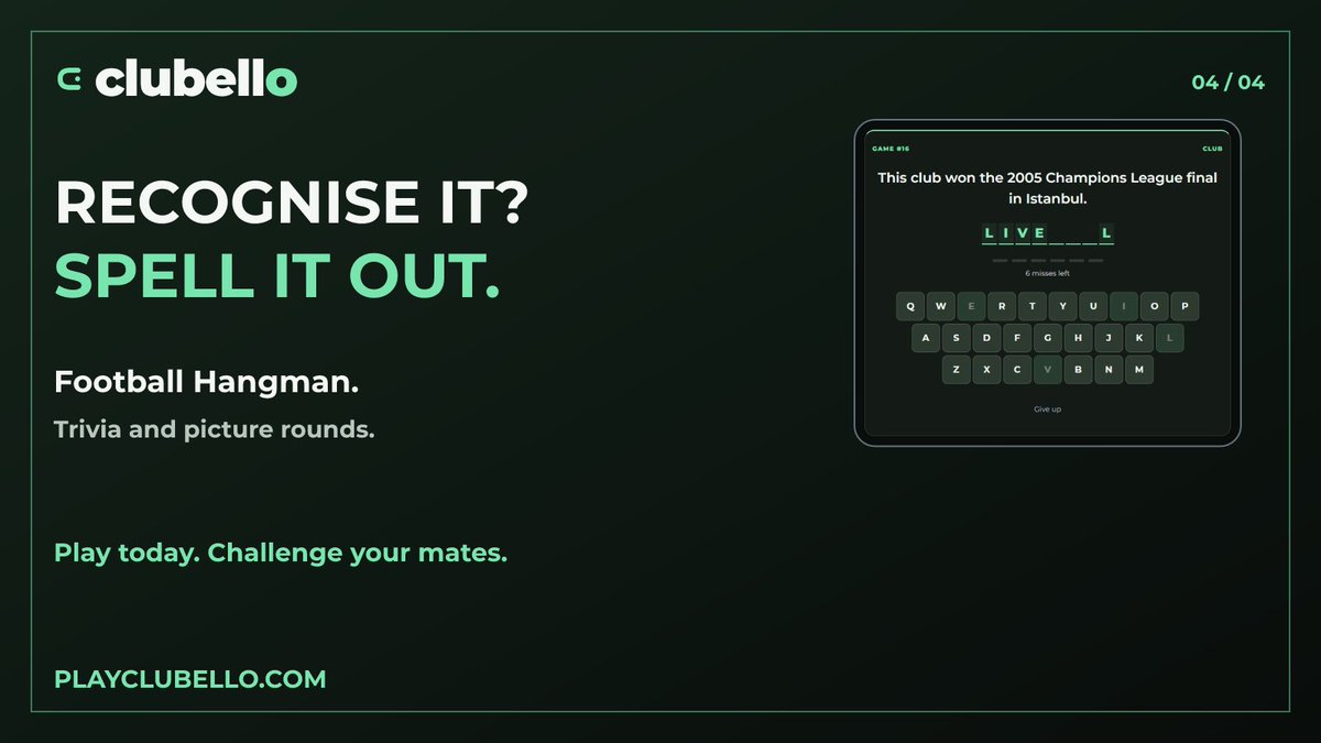 PlayClubello's tweet photo. Think you know football? Prove it.  

Four daily games. Lowest score wins. Tables, crowds, goals and football Hangman.  

Play free: https://t.co/dnL9cvNDa9

Bring your mates. Start a private league. https://t.co/2oxRKadHme