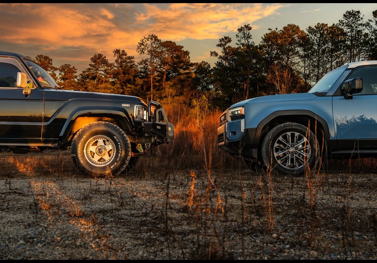 KamiKilty's tweet photo. 2024 Toyota USA Land Cruiser pictured with its father, a right-hand-drive FJ60 Land Cruiser owned by the enviable British lad Tradfisk. https://t.co/vs6ZBlaiJE