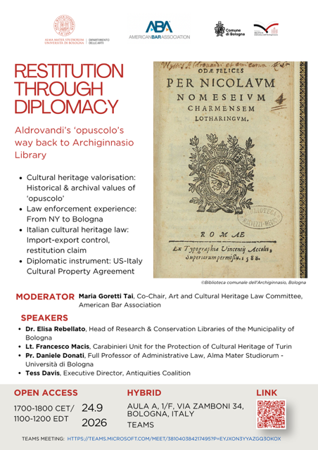 CombatLooting's tweet photo. Don’t miss AC Executive Director Tess Davis as she discusses “Restitution Through Diplomacy,” a study of U.S.-Italian cooperation to recover a rare manuscript lost during WWII. 

📍In-person/Online
📅September 24, 2026 https://t.co/gGuuXXWs5e