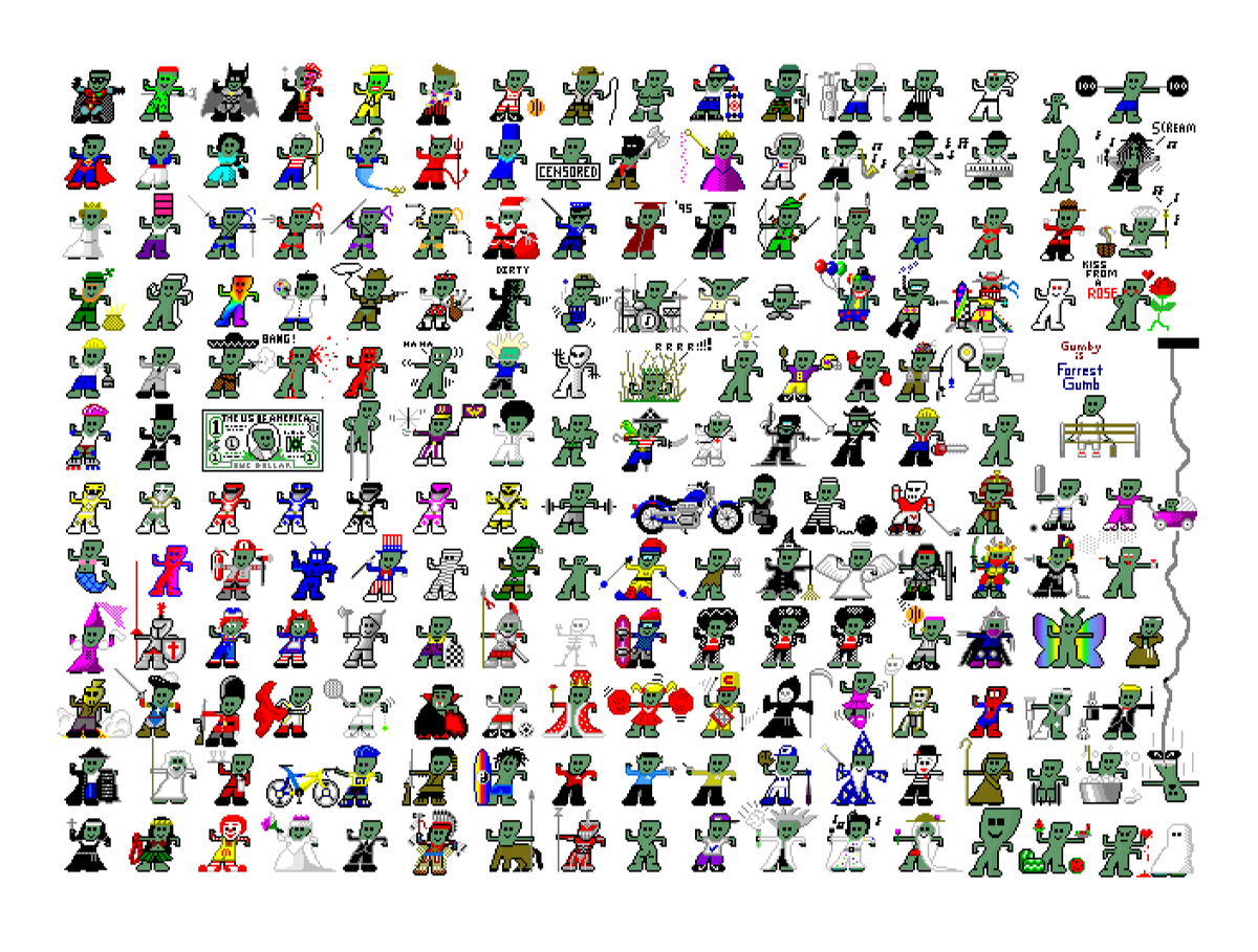BITFOOTS_'s tweet photo. I’ve always loved tiny things: LEGO minifigs, Micro Machines, GI Joes, tree frogs, pixels… The digital fireworks started when my dad (RIP) brought home a PC and introduced me to MS Paint. 

The pixel—that humble, shiny square capable of so much. I was hooked. 

Since then, I’ve spent the better part of 20 years exploiting pixels to do my bidding. 

Here’s how I got to web3.

In middle school in the 90’s I explored small canvas trait creation on a Gumby base. Don’t f*ck with The Tick.

Never despise small beginnings..