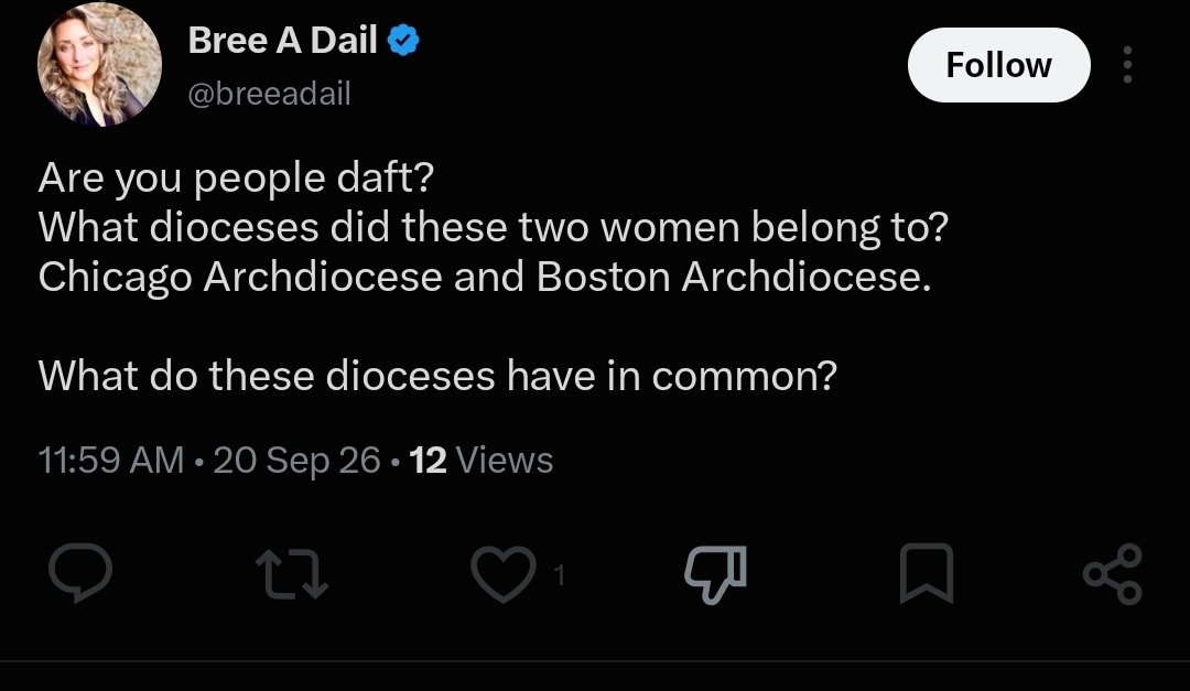 MomKrill's tweet photo. Blocked because I won't affirm the anti-Catholic schizoposting from @breeadail.

Not a single parish, let alone archdiocese, in the world is pro-murder. Not one. And they certainly don't have to make public statements every time any Catholic commits a crime ever... that's crazy. https://t.co/zlNNB8qvoU