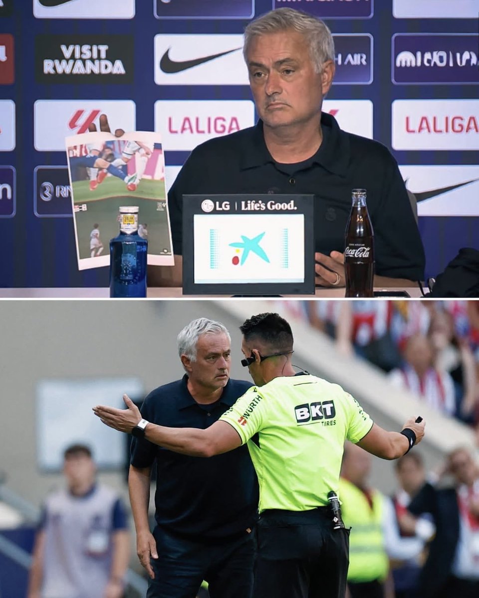 ariyan_albe's tweet photo. José Mourinho brought printed screenshots directly to his press conference after the Madrid derby, insisting Atlético Madrid should have received two clear red cards. 

Receipts in hand.🧾🔴 https://t.co/crVGny1qeV