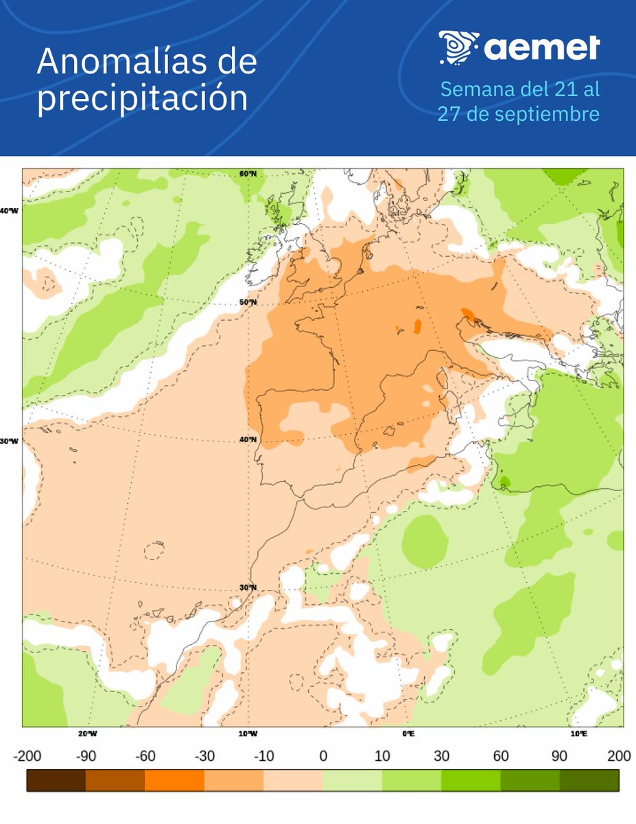 AEMET_Esp's tweet photo. 🍂 En la semana en comienza el otoño astronómico (lo hará el día 23) el tiempo en España será de pleno verano.

🌡️ Ambiente muy cálido para la época: se alcanzarán 36-38 °C en valles del oeste peninsular.

🌂 Tiempo seco y estable: las precipitaciones serán muy escasas. https://t.co/4QOjxpmnfH