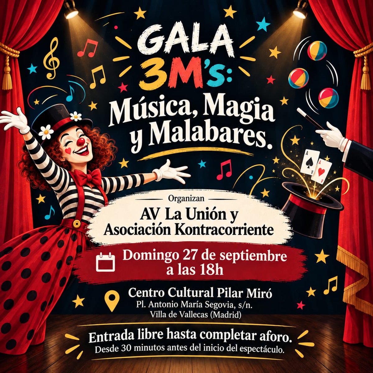 kontraeventos's tweet photo. ¡No os perdáis la gala de las 3M! Music, Magia y Malabares. Organizado por la AV La Unión y #Kontracorriente.
Domingo 27 septiembre, 18:00h, en el CC Pilar Miró.
#Kontracorriente #Música #Magia #Malabares #VilladeVallecas https://t.co/E7Vq02hlwd
