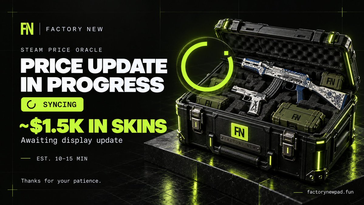 Factorynewpad's tweet photo. Sorry for the delay — our Steam price oracle is taking longer than expected to update.

Around $1.5K worth of skins should appear in the treasury overview within the next 10–15 minutes.

Thanks for your patience.

Check out reserve updates here:
https://t.co/JM8e1gxuWD https://t.co/IwVkqSOi6z
