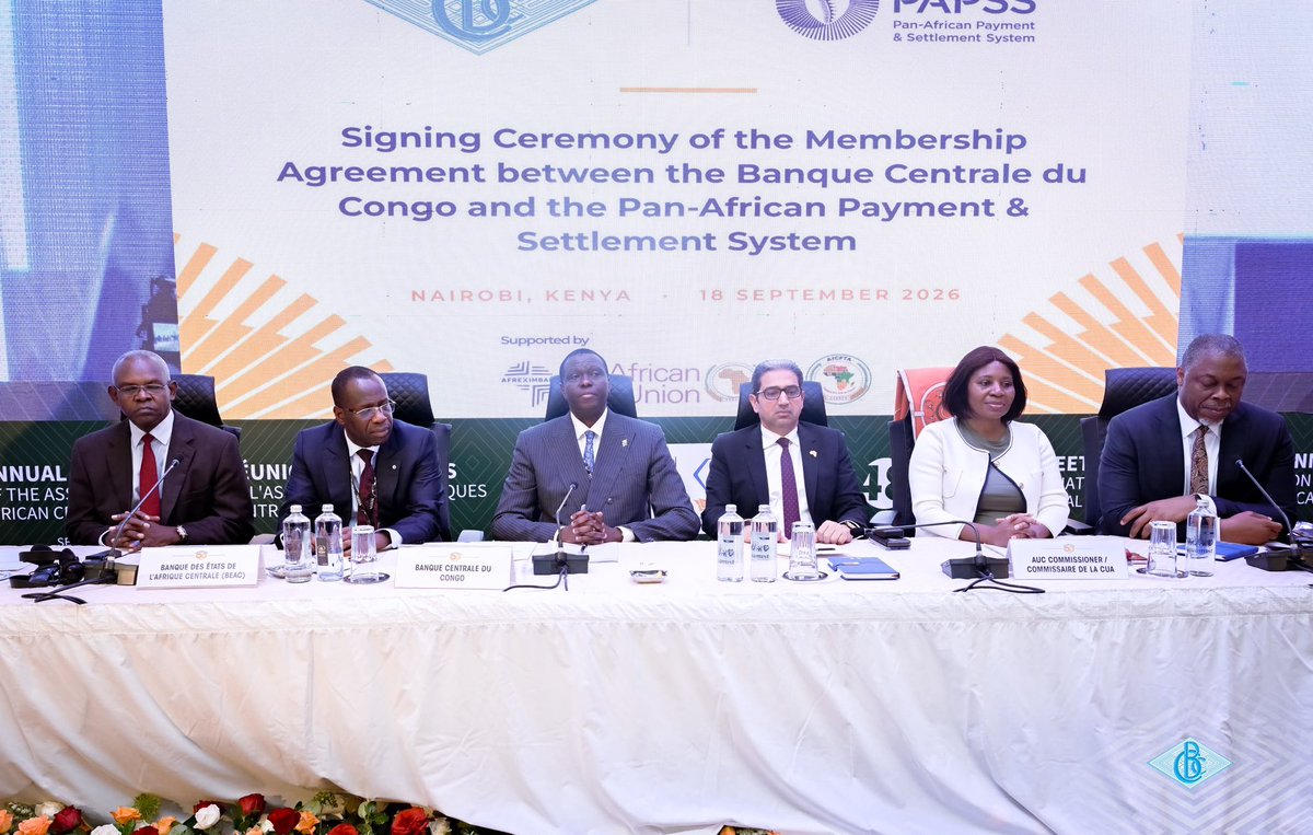 BCC_RDC's tweet photo. La BCC adhère au PAPSS

Le Gouverneur de la Banque Centrale du Congo (BCC), M. André Wameso Nkualoloki, a signé, le 18 septembre 2026 à Nairobi, l’accord consacrant l’adhésion de la BCC au Système panafricain de paiement et de règlement (PAPSS).

Cette adhésion renforce l’intégration financière de la RDC et contribuera à faciliter les paiements transfrontaliers, à réduire leurs coûts et délais, à améliorer la traçabilité des flux et à renforcer l’interconnexion avec les infrastructures régionales et continentales.

Elle s’inscrit également dans la dynamique de la ZLECAf, en faveur du développement des échanges intra-africains.

#RDC #BCC #PAPSS #ZLECAf #Paiements #IntégrationAfricaine