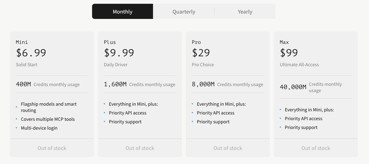jumperz's tweet photo. i think i just broke stepfun 

3 hours ago i posted the math on their plans...i said if step 5 is really this good, this pricing is ridiculously cheap and now its out of stock every single tier is sold out. 

stepfun i'm considering this my quarterly contribution to the chinese AI industry...you're welcome