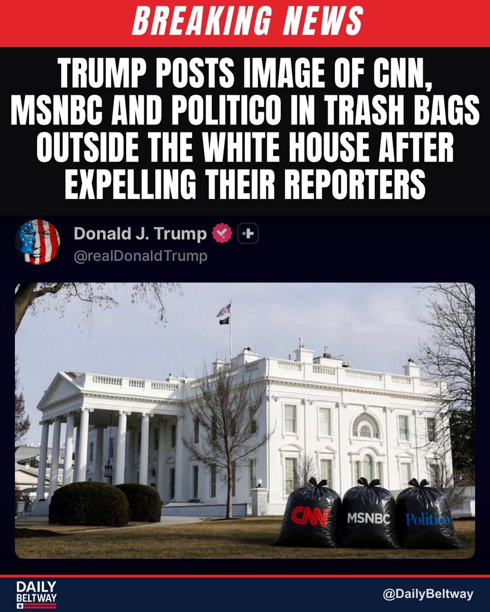 DailyBeltway's tweet photo. 🚨 BREAKING: Trump posts image of CNN, MSNBC and Politico in trash bags outside the White House after expelling their reporters. #Trump #CNN https://t.co/O3f3TWMuOb