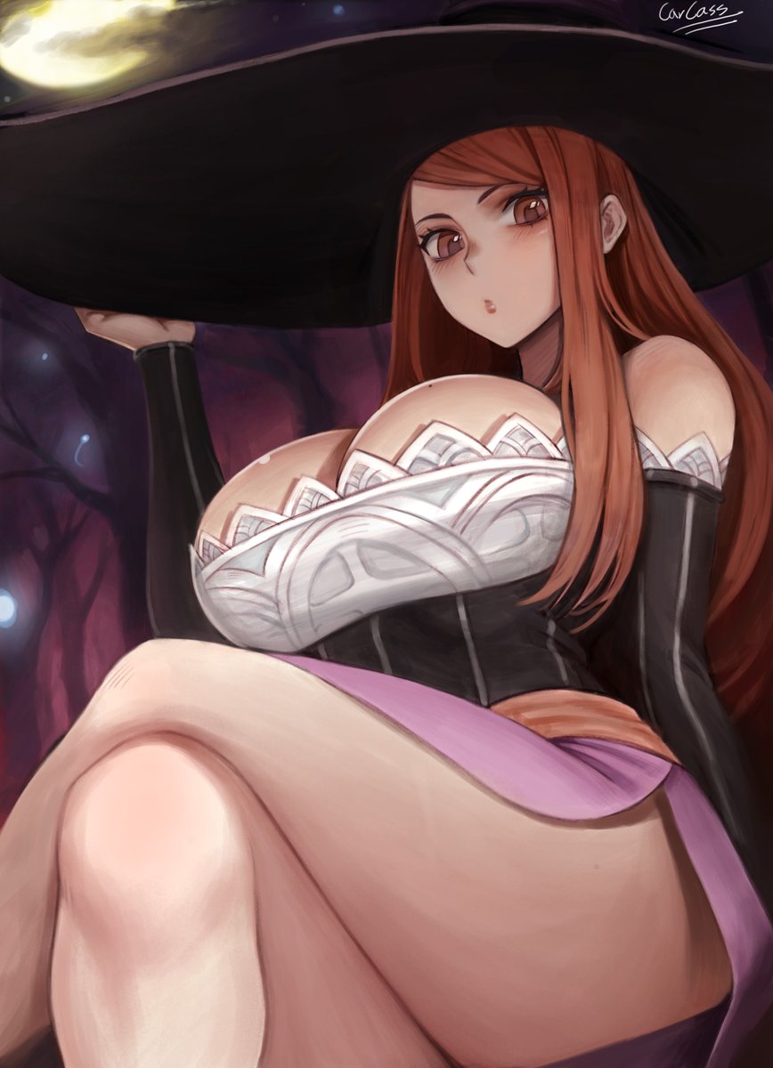 Haxdyad's tweet photo. large breasts, feet out of frame, looking at viewer, bare shoulders, long hair, tree · art by carcass #dragonscrown #sorceress #anime #animeart #waifu https://t.co/Zvq5jasuPw