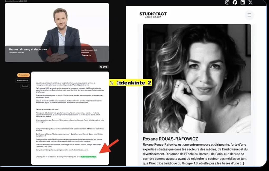 TFilastin's tweet photo. Rima Hassan avait raison. Le doc de Complément d'enquête, « Hamas : du sang et des armes », a bien été fait avec Studio Fact, qui appartient à la femme du porte-parole de Tsahal, Roxane Rouas-Ratowicz. Qui s'occupe aussi de conseiller Bardella https://t.co/o2mLQrQvPT