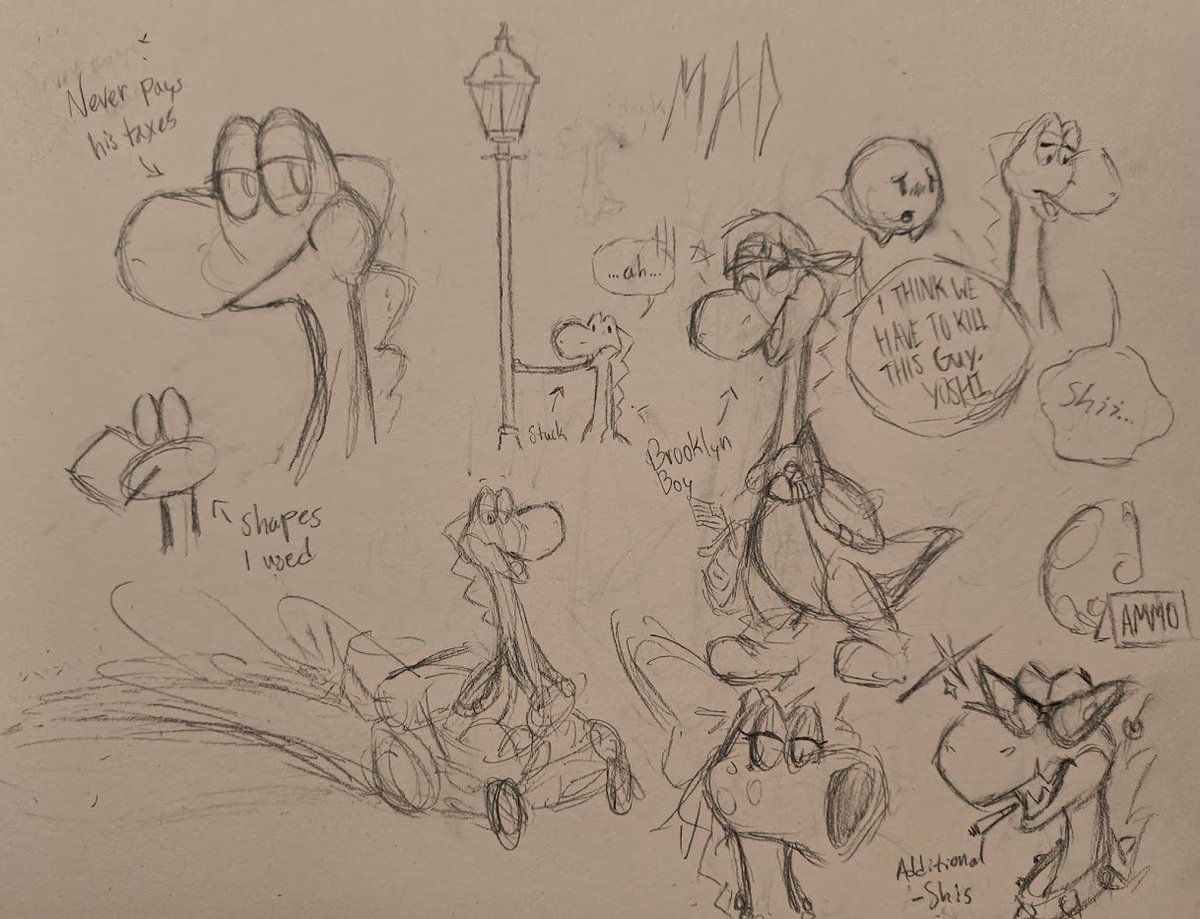aMadBoxx's tweet photo. Fun fact about me, my first username was something along the lines, "yoshi_lover_for_ever" because my autistic ass was hyper obsessed with Yoshi during my childhood. 
So I decided to draw a bunch of little dumb sketches of Yoshi for the fun of it.

#fanart  #yoshi https://t.co/RdcSxBWEib