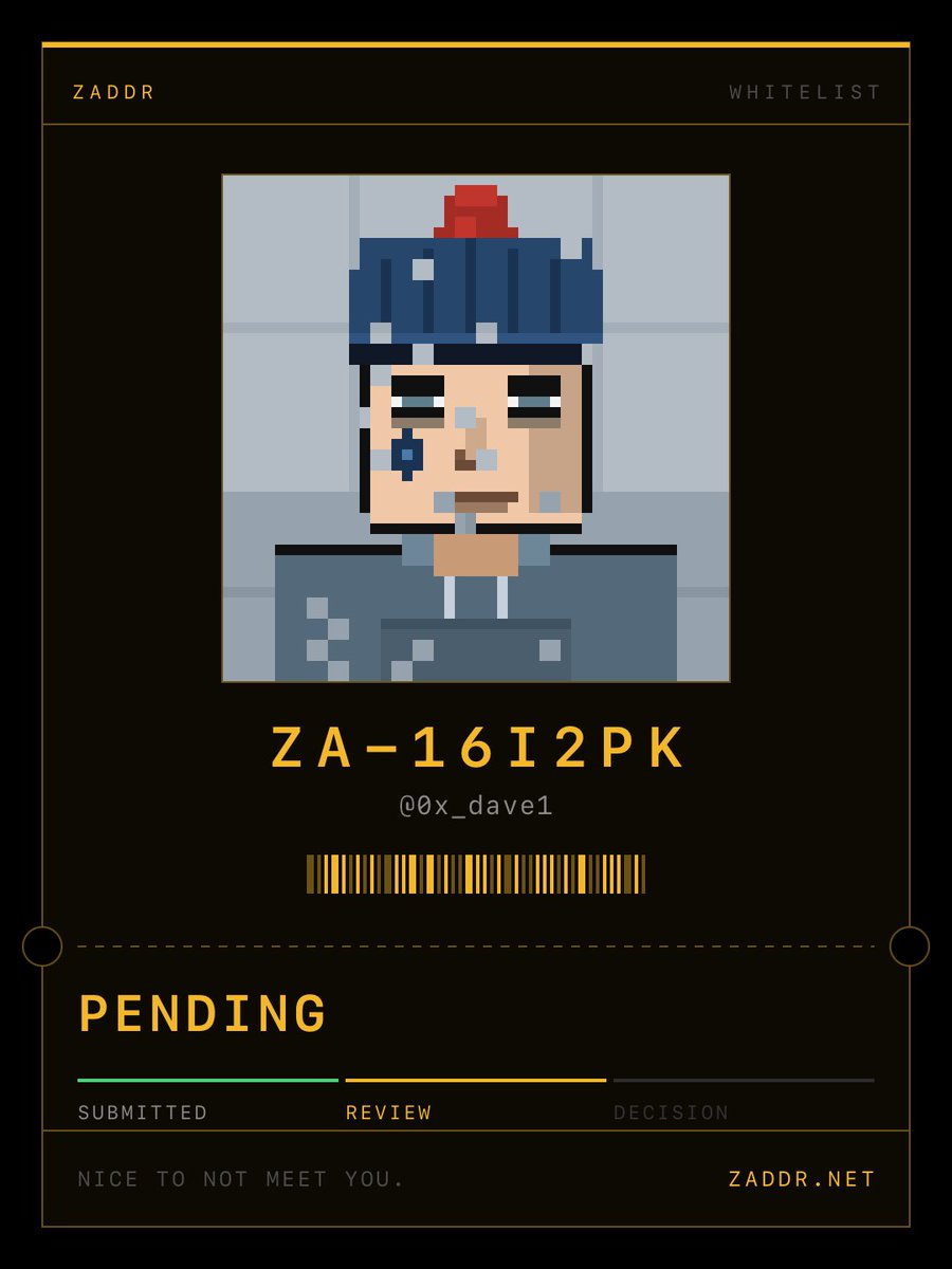 0x_DAVE1's tweet photo. My @zaddrnet whitelist still pending 😞

Who’s gonna be my hero and nominate me? 🙏 https://t.co/9eRh3RkU85