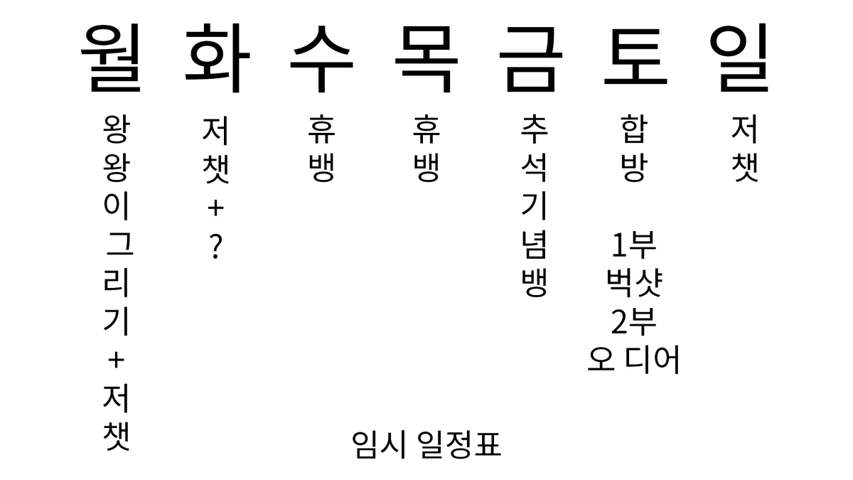 Luan_WWD's tweet photo. *주간 일정표* 임시!!!

월요일 퇴근하고 새로 이쁘게 만들어 놓겠습니다!! 정말 죄송합니다!

시간표
밤 10시 https://t.co/2AGmhRRlp0