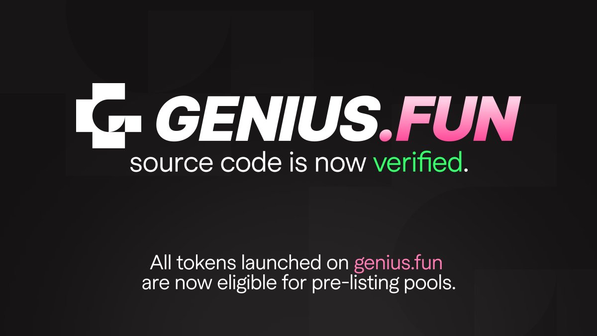 GeniusTerminal's tweet photo. ANNOUNCEMENT: https://t.co/rIU4NwhzBf source code is now verified. ✅

All tokens launched are now eligible for pre-listing pools, giving projects another path to build more liquidity and visibility before a potential listing. https://t.co/NI4sadwqZf