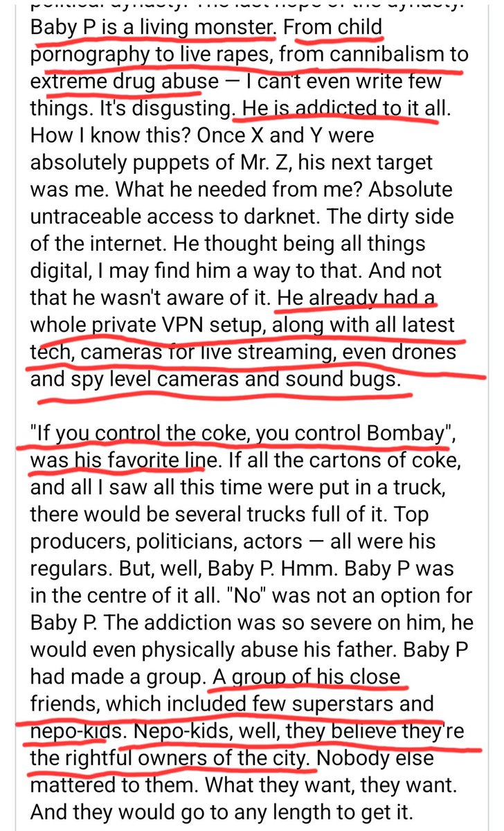 Yasmin2186's tweet photo. Eray Mridula Cather, a former creative director in Bollywood, shared a chilling personal experience of how he was honey-trapped and secretly spiked with MDMA in water—just like Sushant. It's a must-read to understand the conspiracy against Sushant.

He says Aditya Thackeray is a living monster. From child porn0graphy to live rápes, from cannibalísm to extreme drug abuse he's addicted to everything. He evn has private VPN set up, along with all latest tech, cameras for live streaming.

When Eray wanted to leave the job, he was told there are only 2 ways he could get out of this. Either go the DB (Divya Bharti) route or ****(name of the grandfather of baby P) route. The Psycho group knew how to perfectly plan a cardiac arrest on a person.(reminds me of Sidharth Shukla) Or kílll a person by suicide or create a scenario tht the person only has the option to kíll himself. He was lucky to escape alive; sadly, Sushant wasn't so lucky. #JusticeForDishaSSR