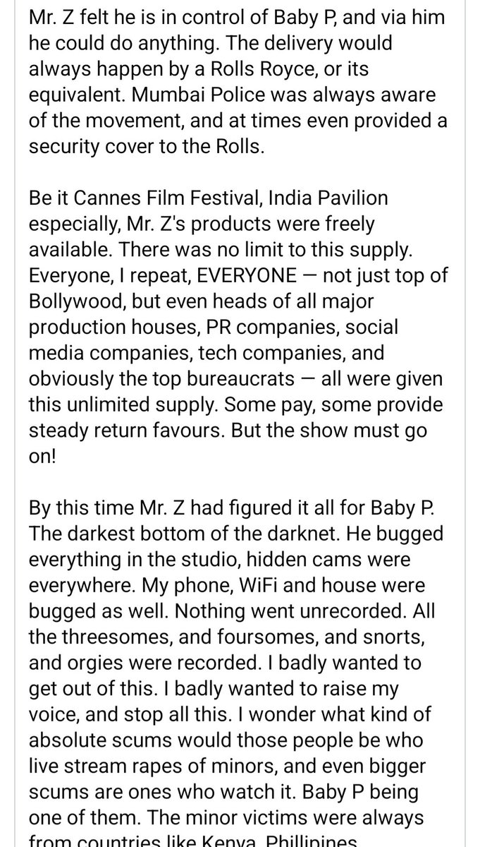 Yasmin2186's tweet photo. Eray Mridula Cather, a former creative director in Bollywood, shared a chilling personal experience of how he was honey-trapped and secretly spiked with MDMA in water—just like Sushant. It's a must-read to understand the conspiracy against Sushant.

He says Aditya Thackeray is a living monster. From child porn0graphy to live rápes, from cannibalísm to extreme drug abuse he's addicted to everything. He evn has private VPN set up, along with all latest tech, cameras for live streaming.

When Eray wanted to leave the job, he was told there are only 2 ways he could get out of this. Either go the DB (Divya Bharti) route or ****(name of the grandfather of baby P) route. The Psycho group knew how to perfectly plan a cardiac arrest on a person.(reminds me of Sidharth Shukla) Or kílll a person by suicide or create a scenario tht the person only has the option to kíll himself. He was lucky to escape alive; sadly, Sushant wasn't so lucky. #JusticeForDishaSSR