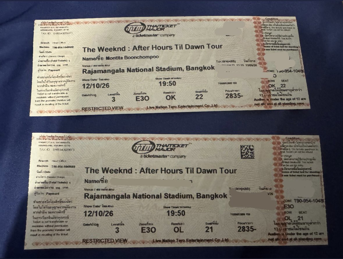 xtgezj's tweet photo. ‼️ปล่อยบัตรคอน The Weeknd‼️
วันที่12 ตุลาคม มี2ใบ ใบละ2700(ต่อรองได้)
โซน E3O โอนหรือนัดรับชนมือเดือนหน้านะคะ ตอนนี้อยู่ต่างจังหวัด
พอดีไปวันที่13แทนแล้วT-T สนใจDMได้เลยค่ะ

#TheWeeknd #TheWeekndLiveInBangkok 
#AfterHoursTilDawnTourBKK #ขายบัตรtheweeknd #ปล่อยบัตรtheweeknd https://t.co/lVBf34PZhs