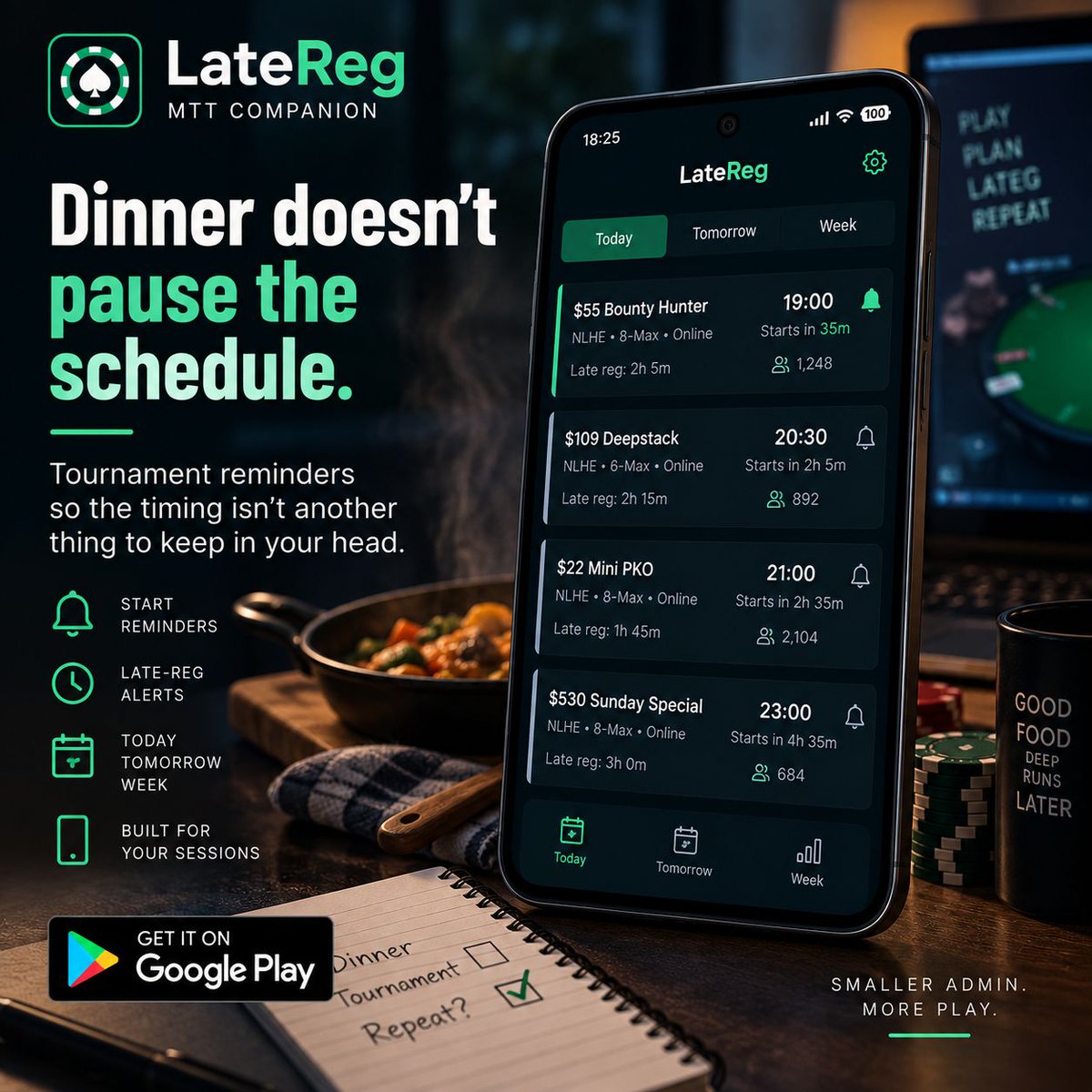 LynxDigitalApps's tweet photo. The tournament schedule doesn't know you're making dinner.

LateReg lets you set start and late-registration reminders, so the timing isn't another thing to keep in your head.

Give the clock its own job:
https://t.co/ioHeVuPW0Q https://t.co/1z407Dnct3