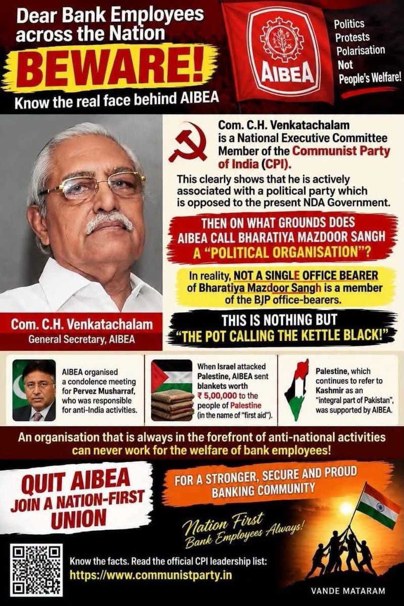 bankaffairs's tweet photo. We may personally differ with our leaders on some of their actions. That does not mean we will digest this kind of nonsense.

Beware of BMS. They have contributed almost nothing to any employees’ actual welfare. Now they want to enter bank unions through NOBO and NOBW.

They have no independent ideology. They do not fight for wages, workload, 5-day week or pension the hard way. They only play these ugly pamphlet games — calling others anti-national while doing membership poaching.

Shameless.

This poster is not about employees. It is about capturing unions.

AIBEA Zindabad. AIBOA ( BOTH UNITS ) zindabad, AIBOC ZINDABAD , INBOC ZINDABAD, NCBE ZINDABAD  ,

Don’t fall for smear politics.

@UFBUIndia @ChVenkatachalam @AIBEAofficial @aiboc_in @ncbeofficial