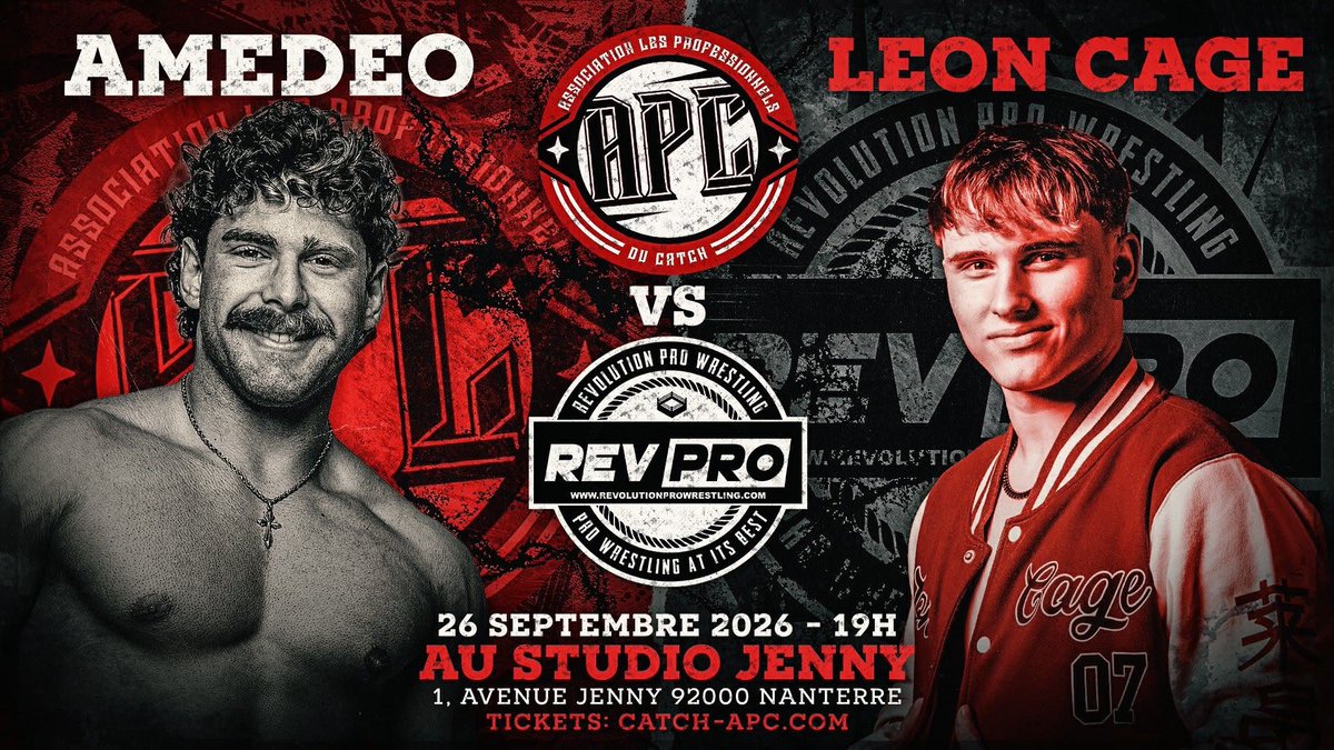 APCcatch's tweet photo. 🇬🇧🇫🇷 REVPRO x APC 🇫🇷🇬🇧
📅 26 septembre 2026
📍 STUDIO JENNY | 1, avenue Jenny, 92000 Nanterre
🎟️ https://t.co/zNJWW64u4Y
En pleine ascension cette année, The Futurist @LeonCage_ , l’un des visages de la nouvelle génération du catch britannique, face à Amedeo l’étoile montante du catch belge.
Deux jeunes talents, deux pays, une seule victoire à aller chercher.