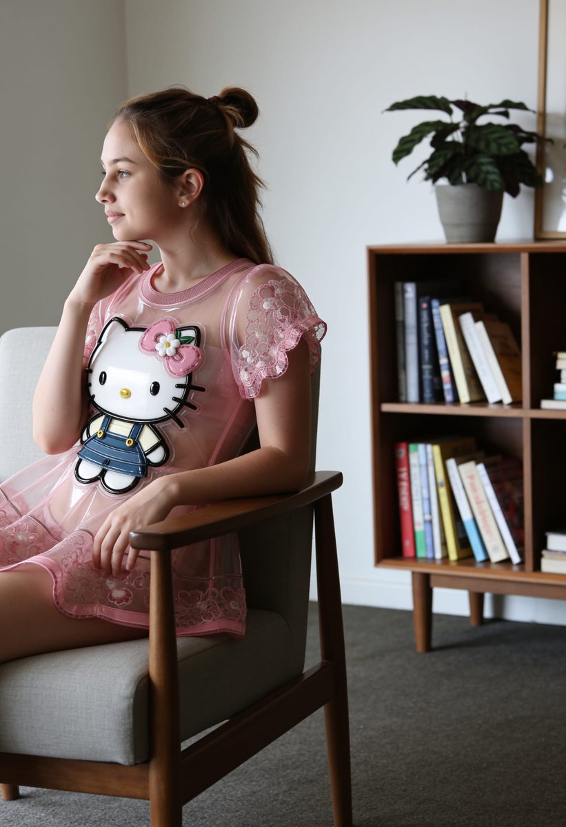 Lizzy1262629's tweet photo. Sheer pink PVC dress with lace sleeves, ruffled hem, and a Hello Kitty patch on the chest. Hair in a bun, sitting on a chair indoors, small smile.
#PinkPVC #HelloKitty #SheerDress #PVCFashion #IndoorShoot #CuteFetish https://t.co/aNQvdTV8iU