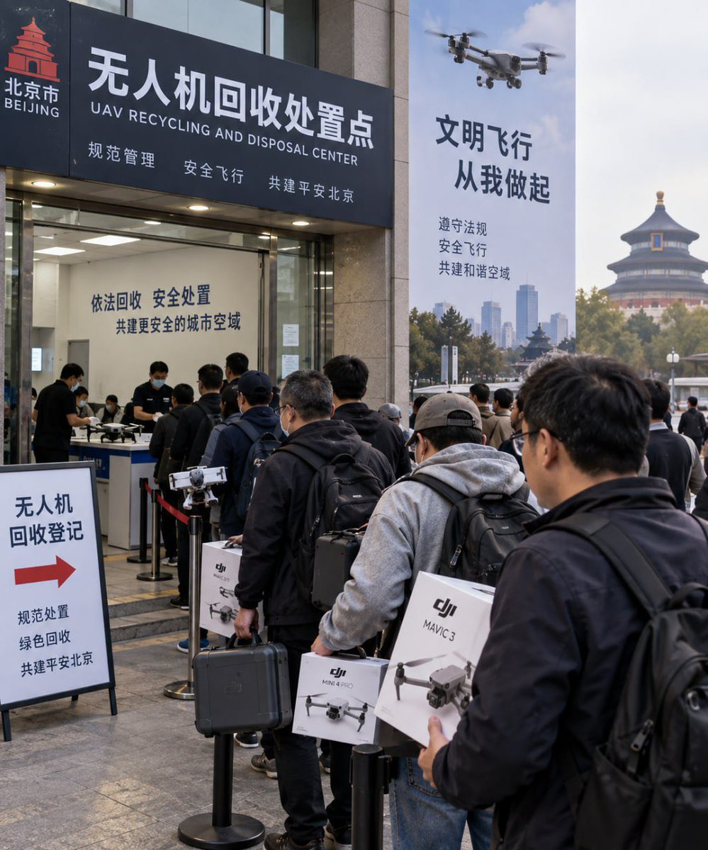 Drone_Wars_'s tweet photo. Beijing drone owners are lining up to sell their devices, AFP has reported.

A revised municipal rule is said to take effect on 15 November 2026. From that date, Beijing is reported to ban not only flying drones, but also possessing, storing or bringing drones and core parts into the city, except in cases provided for by law.

Owners are said to be able to sell at official buyback points, scrap the device, ship it out free via EMS, or take it out themselves. A 30% buyback subsidy, capped at 3,000 yuan, is reported for eligible verified personal drones sold by 31 October. After that, the extra subsidy is said to drop to 15%.

Some owners are reported to complain about low valuations.
China is home to DJI, but private owners in the capital now have to move, sell or scrap their drones.

Source: AFP, Beijing Daily