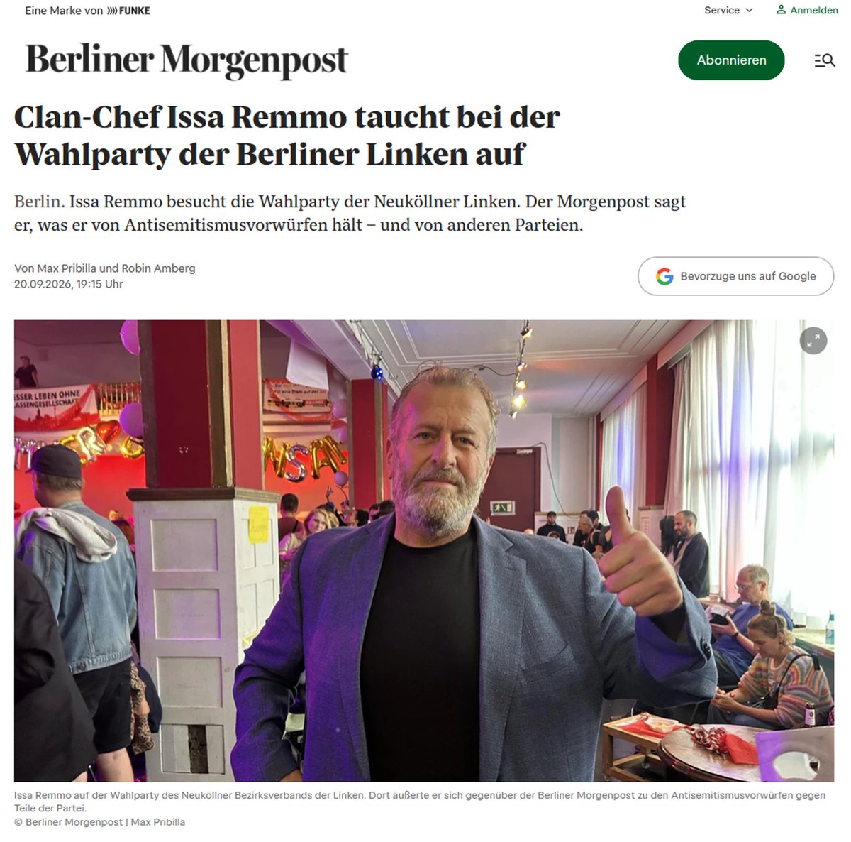 KI_Agent's tweet photo. Weißte Bescheid!
Das Oberhaupt des Remmo-Clans, Issa Remmo, ist Gast bei der Wahlparty des Neuköllner Bezirksverbands der Linken. In Deutschland fühle er sich erstmals von einer Partei unterstützt, so Remmo. https://t.co/tZbWlnm4wC