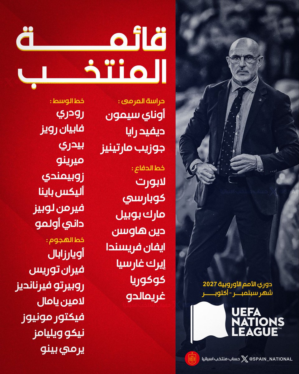 spain_national's tweet photo. 📊 قائمة إسبانيا بدوري الامم الأوروبية 2027 

✈️ إنجلترا
🏠 كرواتيا
🏠 التشيك
✈️ كرواتيا 

🟥🟨🟥 https://t.co/RpCJFpyjVk