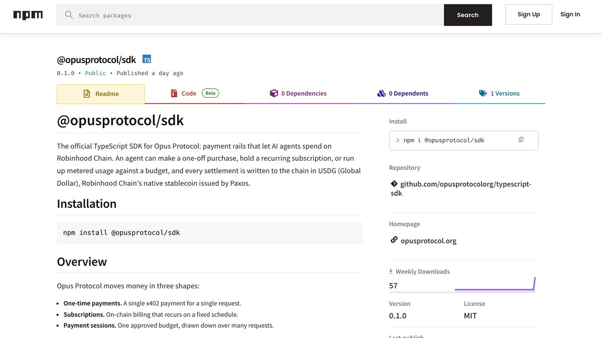 opusprotocolorg's tweet photo. @opusprotocol/sdk, 24 hours in: 57 downloads!

Every one of them is a developer who read the docs and ran npm install.

If you are one of them, Opus Protocol is always open for feedback. Let us know what we can work on!

https://t.co/cbPapGanZY https://t.co/E1fV5CbVy4