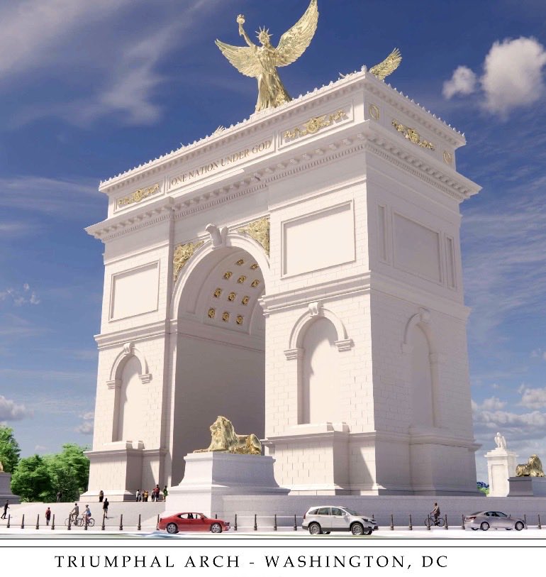 archpng's tweet photo. President Donald Trump says his proposed 250-foot (76-meter) triumphal arch near Arlington Memorial Bridge in Washington, D.C., will also function as a military complex.

According to Trump, the structure would be designed to store ammunition and accommodate drones, with positions for snipers on the roof and surrounding plaza. He said the additional military functions were requested by the U.S. military for national security purposes.

The arch is planned near the western end of the National Mall, between the Lincoln Memorial and Arlington National Cemetery. The project is still undergoing the approval process, and its final design and functions have not yet been finalized.