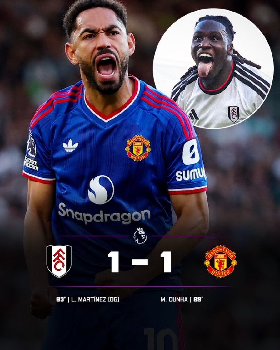 RAID52ff's tweet photo. Fulham and Man United share points with Cunha’s late goal!

United have only ONE win in the last 5 games in all competitions. https://t.co/wnXZeECcC6
