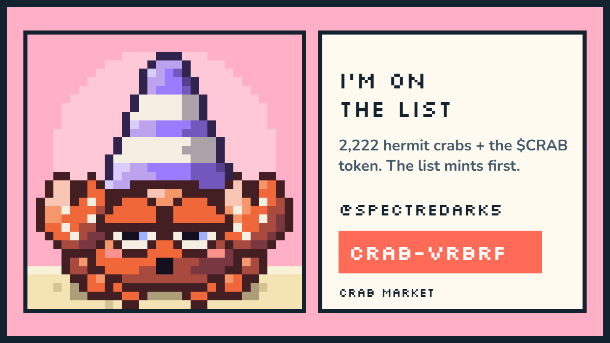 SpectreDark5's tweet photo. I'm on the list for @crabmarketio. 2,222 hermit crabs + the $CRAB token on Robinhood Chain.

My pass: CRAB-VRBRF
https://t.co/5VL72RGfzj https://t.co/FuexiGhEuK
