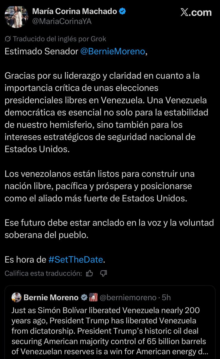 Juanegron's tweet photo. 🚨 | María Corina Machado agradece al senador Bernie Moreno su firme respaldo a unas elecciones presidenciales libres en Venezuela.

“Los venezolanos están listos para construir una nación libre, pacífica y próspera. Ese futuro debe estar anclado en la voluntad soberana del pueblo”.

#SetTheDate
