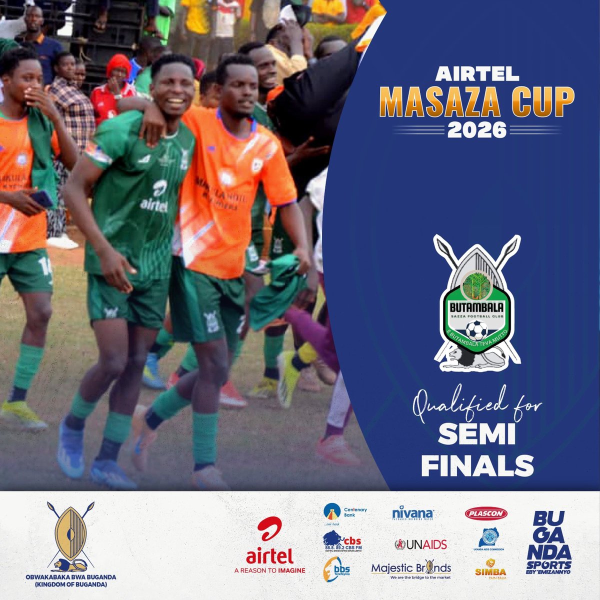 TourBugandaUG's tweet photo. We're close to the climax of an electrifying Masaza Cup 2026 tournament. We congratulate the counties of Butambala, Kyaggwe, Gomba and Bugerere for making it to the semi finals. We commend the management, players and fans for amazing display of talent, unity and fun. https://t.co/8dROvxDGqK