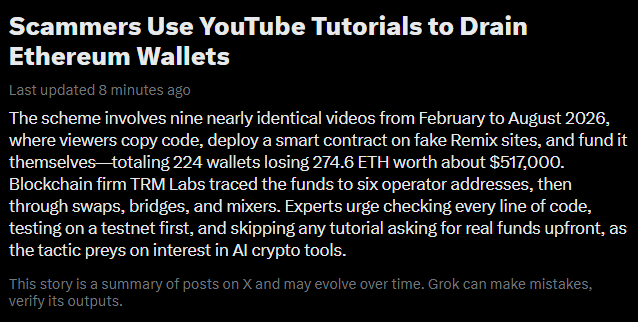 bbaoo777's tweet photo. This is so retarded lmao

Scammers are literally making YouTube tutorials on “How to build an AI crypto trading bot with Claude”

Normies copy paste the exact code, run it without checking anything, and the bot just sends all their funds straight to the scammer

All because they wanted an Artificial Investor

trending on X rn: https://t.co/bUcYyCxiKr
https://t.co/TZAbfESAgv