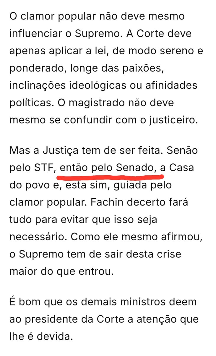 silviogrimaldo's tweet photo. Pela primeira vez a grande imprensa, e estamos falando do Globo, cuja leniência e subserviência ajudou o país a chegar a essa ditadura do judiciário, está falando que o Senado precisa intervir na putaria e esculhambação do STF.
Os senadores, que se birram de medo da imprensa, deveriam aproveitar essa oportunidade e ir para cima do Alconluio. Não é todo dia que um editorial de um grande jornal brasileiro opta pelo lado certo e decente da história.