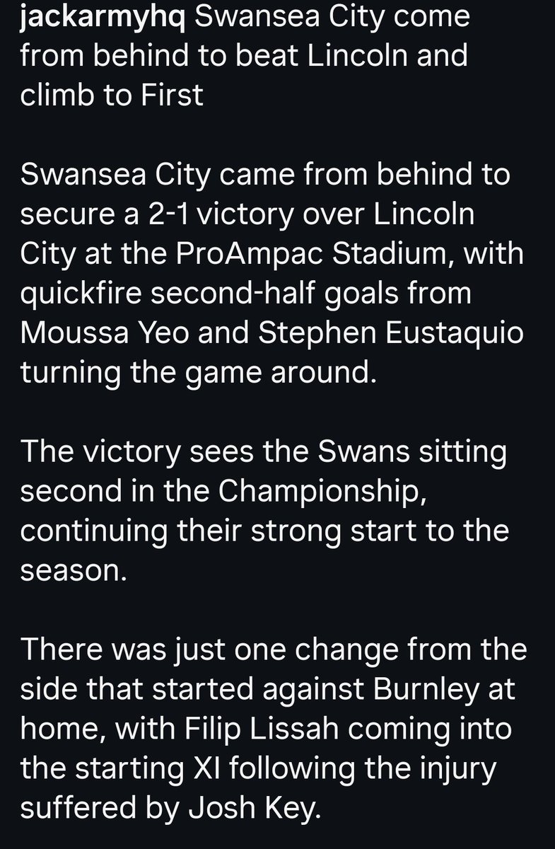 JackArmyHQ's tweet photo. Swansea City come from behind to beat Lincoln and climb to first https://t.co/erZnUjPIZT