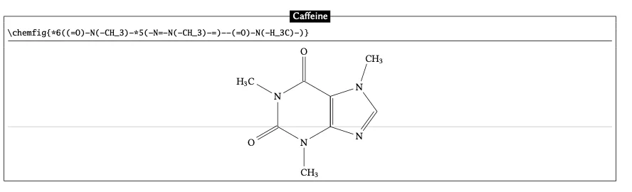 LaTeX code and rendering for caffeine molecule