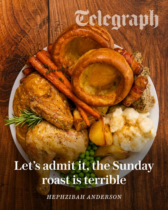 Alexandr4Denman's tweet photo. So again someone with a name that is not of Britain writes about  an English , Welsh , Scottish , Irish dish that has bought our families around the table for 100s of years the Sunday Roast Dinner , again we see something so normal that we sit down to all over the country after church etc and look forward to being told its not right or expensive or unhealthy its all another attack on our culture ! SICK OF IT ! STOP IT and quite frankly if you don't like anything our country affords you then the door is open .....I quote Starmer !