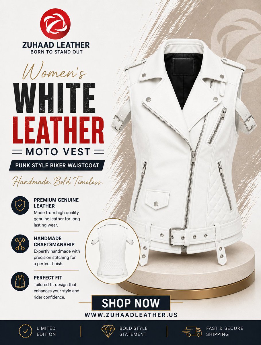 zuhaadleather's tweet photo. WHITE LEATHER. BOLD ATTITUDE. 🔥

Make every entrance unforgettable with a women’s white leather moto vest designed to stand out.

Crafted from premium genuine leather with handmade detailing, statement hardware, a belted waist, and a tailored fit — it brings biker edge to your everyday style.

Handmade. Bold. Timeless.
🛍️ Shop now at Zuhaad Leather
#LeatherVest #WomensFashion #BikerStyle #ZuhaadLeather