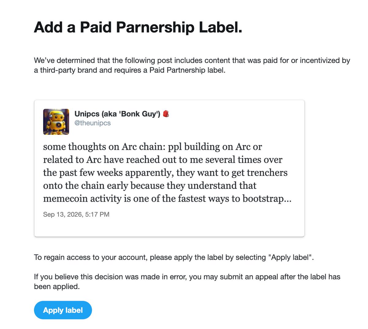 RaikageCrypt's tweet photo. It’s been 5 days since @theunipcs has been locked out of his X account and this was because he was told to tag his post about arc as a paid post but the truth is that he wasn’t paid for it. 

This is a call to @X @Support to lift the restriction on @theunipcs X account. This is a wrong doing and unjust! 

RT!!
