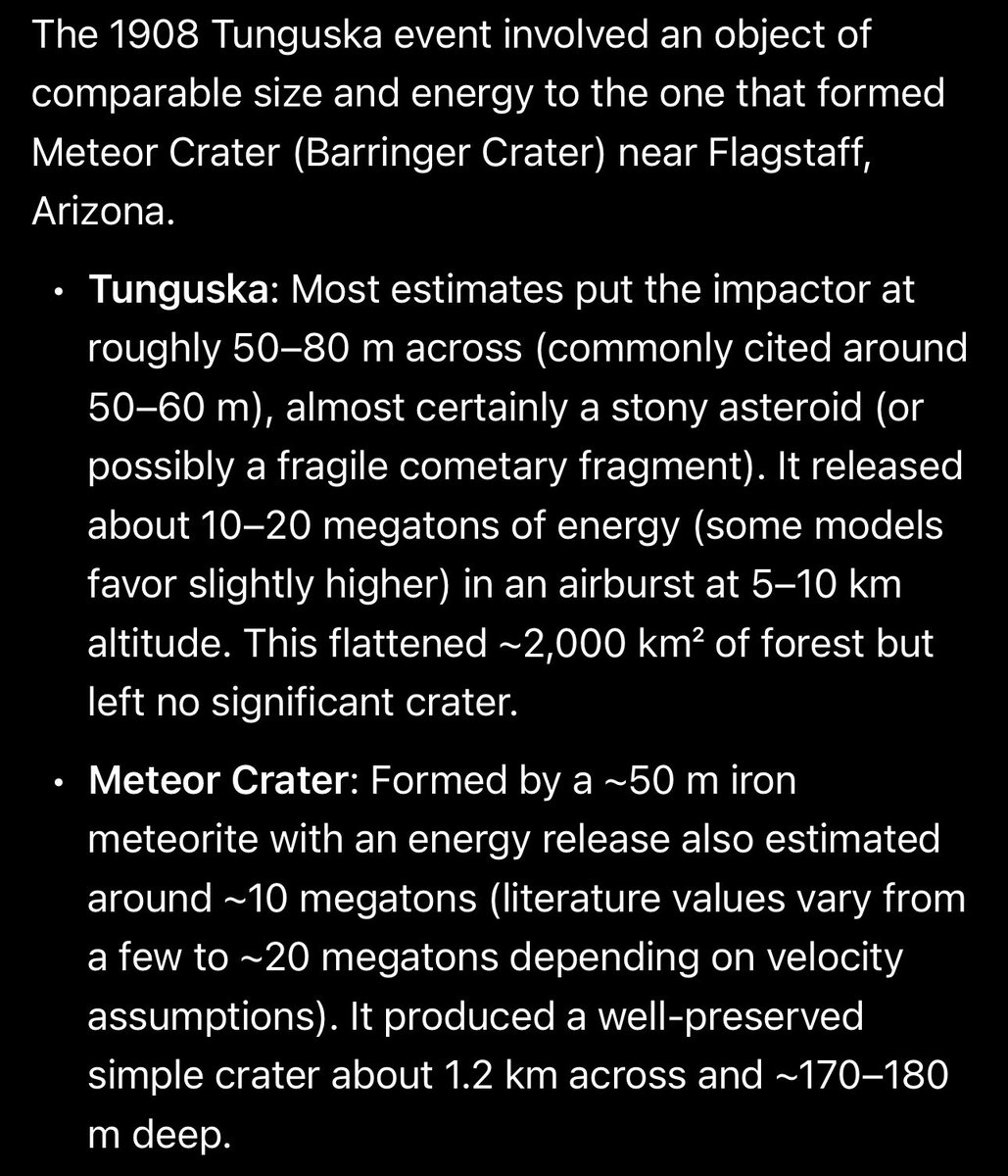 MagnetReconnect's tweet photo. If the #Tunguska object had survived atmospheric entry intact and struck the ground instead of exploding in the air, the similar kinetic energy would have excavated a sizable crater on a comparable scale to #Meteor #Crater in #Arizona . https://t.co/tmsYYc3O5J